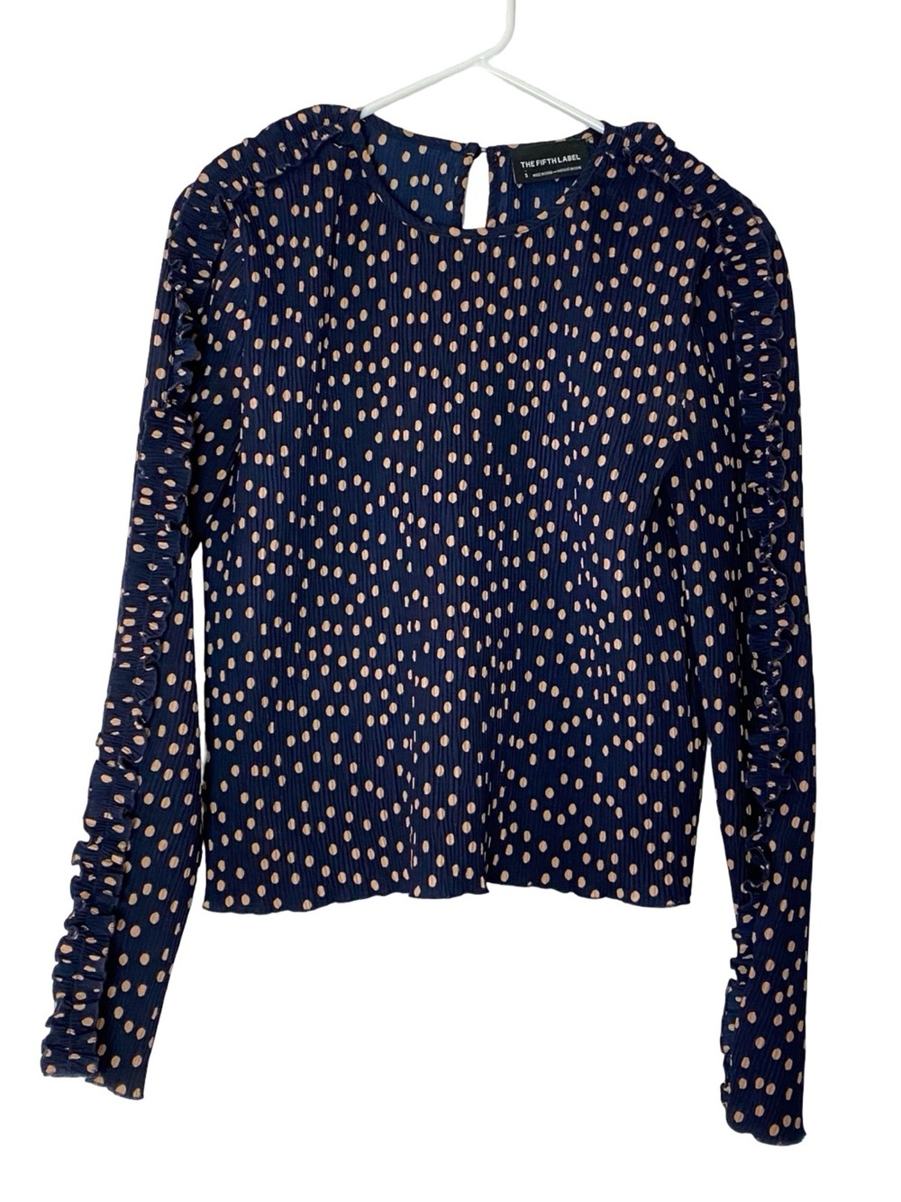The Fifth Label Polka Dot Top Blouse Womens Size Small Ruched Navy Blue Tan